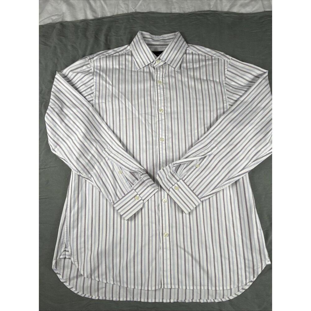 Michael Kors Men's White w/Pink & Blue Striped Dress Shirt Size L Classic Fit
